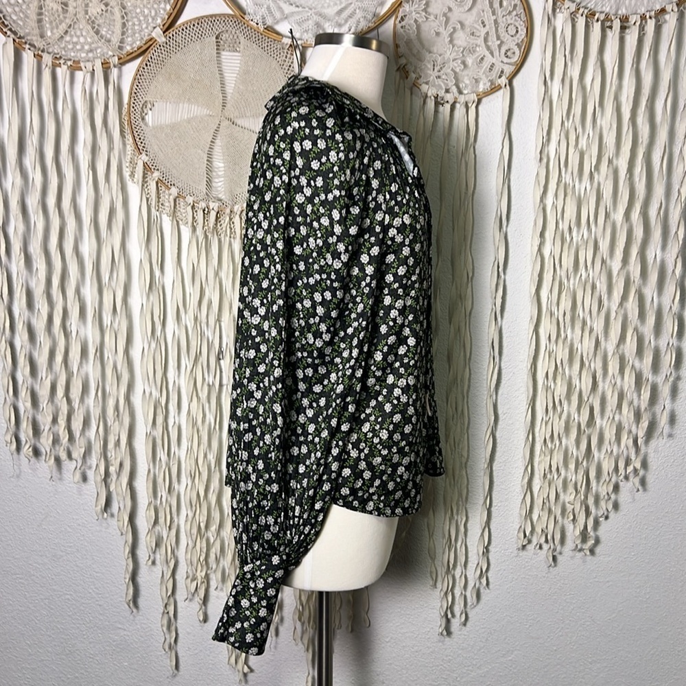 Anthropologie Peter Pan Collar Black and Green Ditzy Floral Print Blouse Small - Picture 7 of 12
